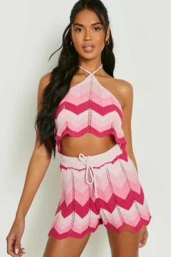 Knitted Co-Ords|Beachwear*boohoo Ombre Crochet Halterneck And Shorts Set pink
