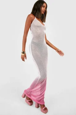 Jumper Dresses|Jumper Dresses*boohoo Ombre Crochet Halterneck Maxi Dress hot pink