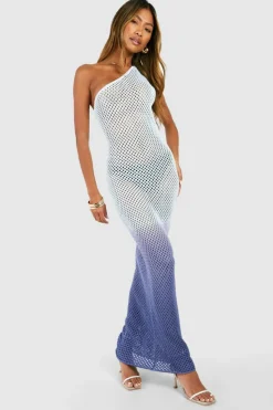 Jumper Dresses|Jumper Dresses*boohoo Ombre Crochet One Shoulder Knitted Maxi Dress blue