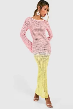 Jumper Dresses|Jumper Dresses*boohoo Ombre Crochet Scroop Back Knitted Maxi Dress pink