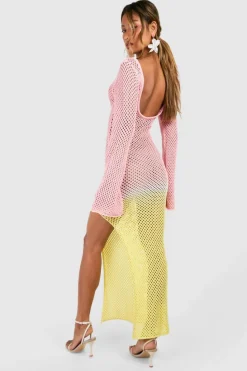 Jumper Dresses|Jumper Dresses*boohoo Ombre Crochet Scroop Back Knitted Maxi Dress pink
