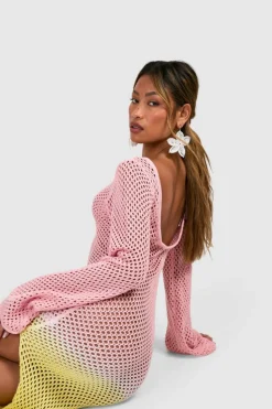 Jumper Dresses|Jumper Dresses*boohoo Ombre Crochet Scroop Back Knitted Maxi Dress pink
