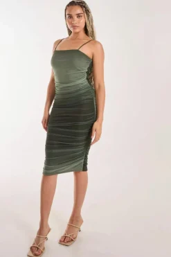 Midi Dresses*Pink Vanilla Ombre Ruched Mesh Midi Dress Khaki