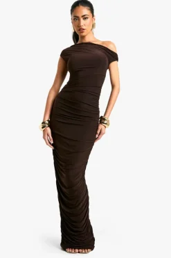 Bodycon Dresses|Maxi Dresses*boohoo One Shoulder Asymmetric Ruched Maxi Dress chocolate