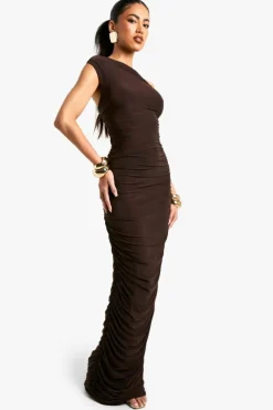 Bodycon Dresses|Maxi Dresses*boohoo One Shoulder Asymmetric Ruched Maxi Dress chocolate