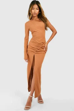 Bodycon Dresses*boohoo One Shoulder Rib Split Leg Midaxi Dress rust