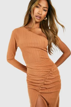 Bodycon Dresses*boohoo One Shoulder Rib Split Leg Midaxi Dress rust