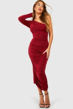 Midi Dresses*boohoo One Shoulder Slinky Ruched Skirt Midi Dress berry