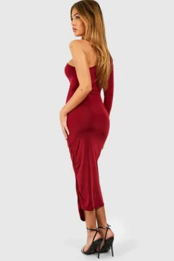 Midi Dresses*boohoo One Shoulder Slinky Ruched Skirt Midi Dress berry