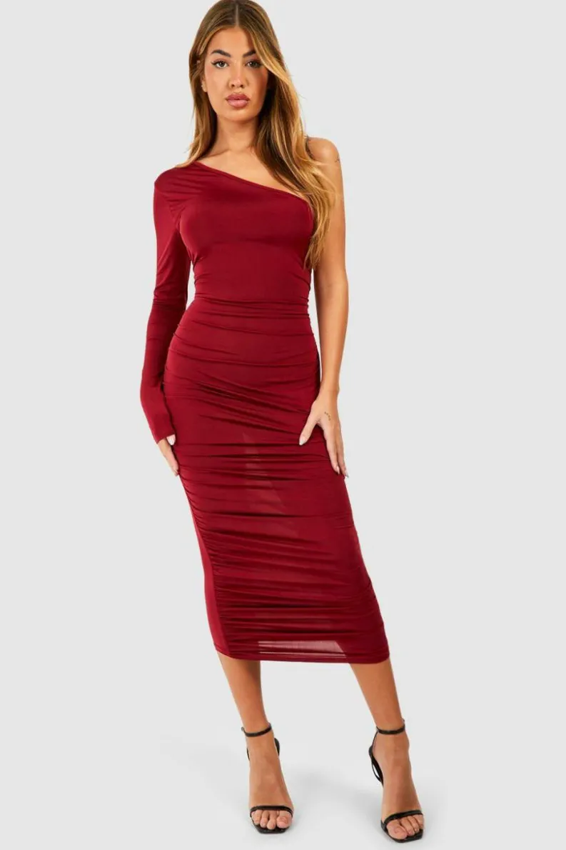 Midi Dresses*boohoo One Shoulder Slinky Ruched Skirt Midi Dress berry