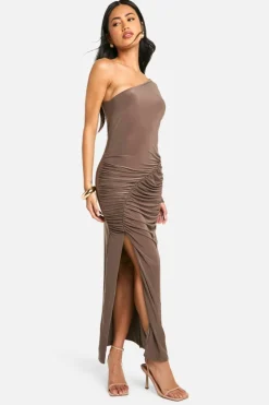 Bodycon Dresses*boohoo One Shoulder Slinky Ruched Maxi Dress mocha