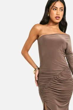 Bodycon Dresses*boohoo One Shoulder Slinky Ruched Maxi Dress mocha