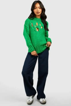 Oversized Jumpers*boohoo Open Crochet Soft Knit Jumper green