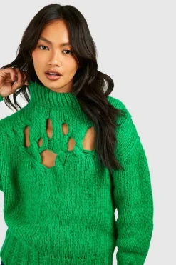 Oversized Jumpers*boohoo Open Crochet Soft Knit Jumper green