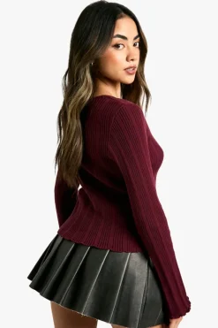 Cardigans|Jumpers & Cardigans*boohoo Open Front Rib Cardigan With Button Detail In burgundy