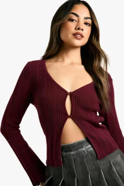 Cardigans|Jumpers & Cardigans*boohoo Open Front Rib Cardigan With Button Detail In burgundy