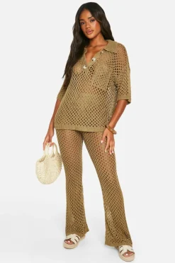 Knitted Co-Ords|Co-Ord Sets*boohoo Open Stitch Collared Top And Wide Leg Trouser Knitted Co-ord khaki