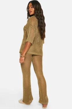 Knitted Co-Ords|Co-Ord Sets*boohoo Open Stitch Collared Top And Wide Leg Trouser Knitted Co-ord khaki