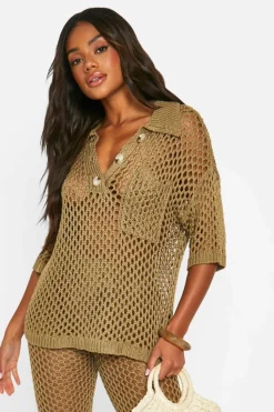 Knitted Co-Ords|Co-Ord Sets*boohoo Open Stitch Collared Top And Wide Leg Trouser Knitted Co-ord khaki