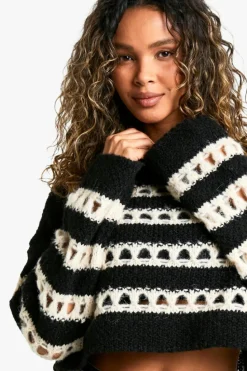 Jumpers|Knitwear*boohoo Open Stitch Stripe Crop Knitted Jumper black_ecru