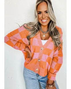 Cardigans*Azura Exchange Checkered Drop Shoulder Buttoned V Neck Cardigan Orange
