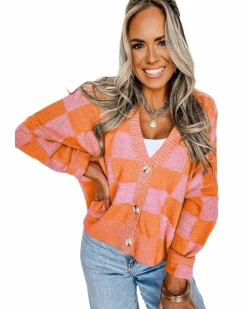 Cardigans*Azura Exchange Checkered Drop Shoulder Buttoned V Neck Cardigan Orange