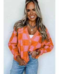 Cardigans*Azura Exchange Checkered Drop Shoulder Buttoned V Neck Cardigan Orange