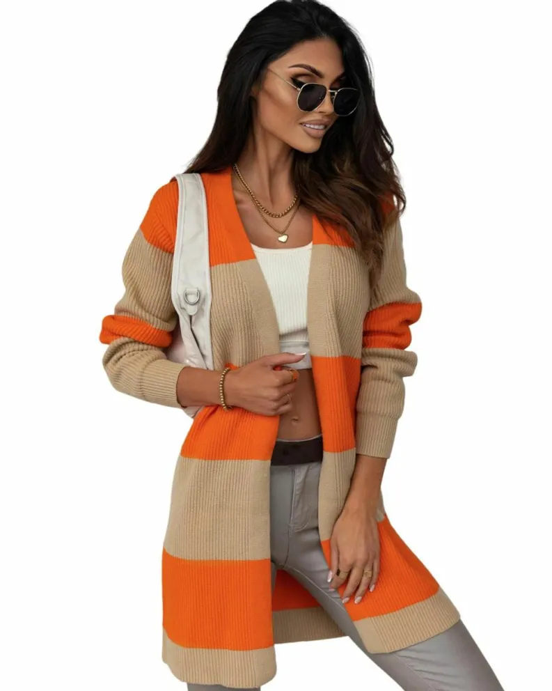 Cardigans*Azura Exchange Colorblock Ribbed Knit Cardigan Orange