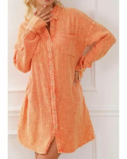 Shirt Dresses*Azura Exchange Crinkled Dual Chest Pocket Oversized Shirt Dress Orange