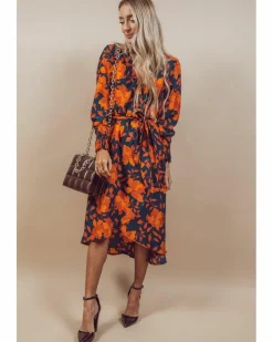 Wrap Dresses*Azura Exchange Floral Print Faux Wrap Belted Dress Orange