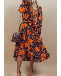 Wrap Dresses*Azura Exchange Floral Print Faux Wrap Belted Dress Orange