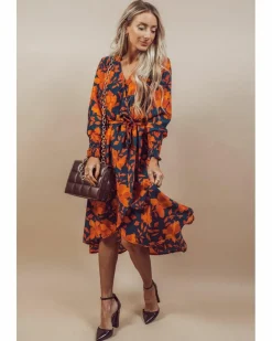 Wrap Dresses*Azura Exchange Floral Print Faux Wrap Belted Dress Orange