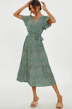 Wrap Dresses|Midi Dresses*FS Collection Orange Floral Print Hem Tiered Wrap Midi Dress In Green