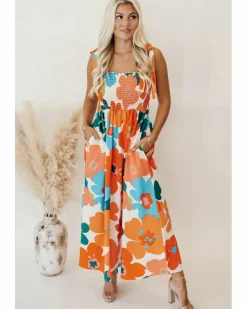 Smock Dresses*Azura Exchange Floral Self Tied Straps Smocked Bust Maxi Dress Orange