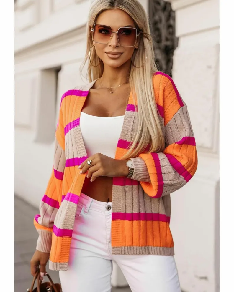 Cardigans*Azura Exchange Striped Colorblock Drop Shoulder Slouchy Cardigan Orange