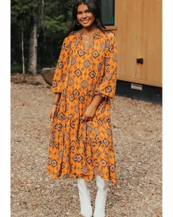 Shirt Dresses*Azura Exchange Western Geometric Print Tiered Frilled Loose Fit Midi Dress Orange