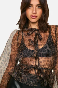 Long Sleeve Tops*boohoo Organza Print Tie Front Puff Long Sleeve Top leopard