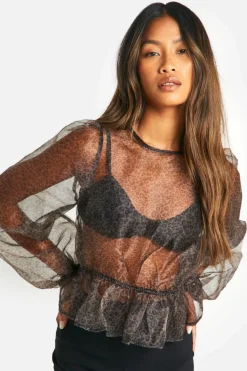 Long Sleeve Tops*boohoo Organza Micro Print Tie Back Puff Long Sleeve Top leopard