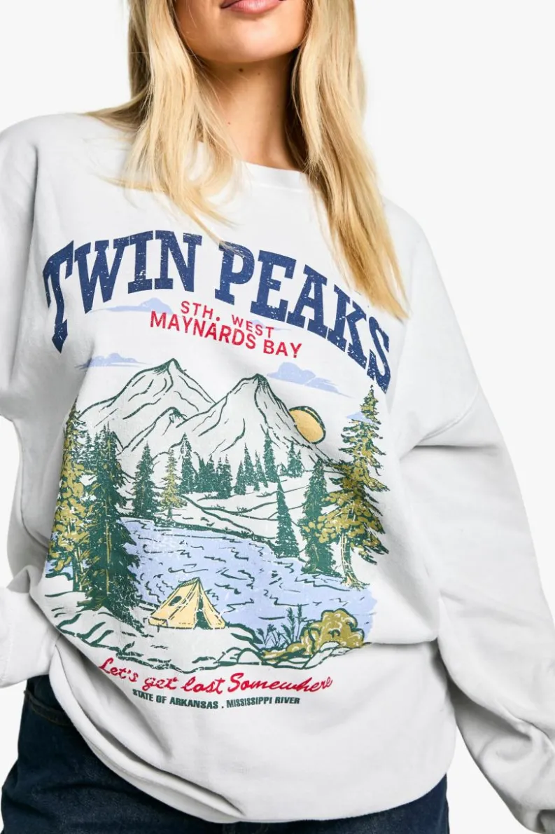 Sweatshirts|Hoodies & Sweatshirts*boohoo Overdye Twin Peaks Vintage Print Oversized Sweatshirt light grey