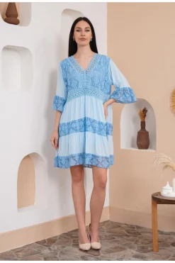 Smock Dresses*HOXTON GAL Oversized 3/4 Sleeves Lace Detailed V Neck Mini Dress Baby Blue