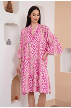 Smock Dresses*HOXTON GAL Oversized 3/4 Sleeves Leopard Printed Smock Dress Pink