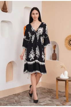 A Line Dresses*HOXTON GAL Oversized 3/4 Sleeves V Neck Printed Knee Lenght Dress Black