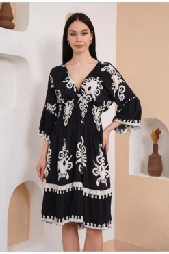 A Line Dresses*HOXTON GAL Oversized 3/4 Sleeves V Neck Printed Knee Lenght Dress Black