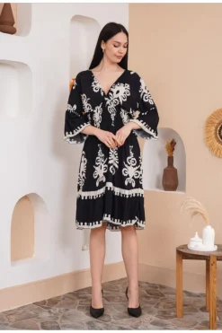 A Line Dresses*HOXTON GAL Oversized 3/4 Sleeves V Neck Printed Knee Lenght Dress Black
