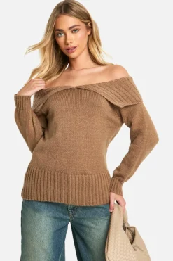 Oversized Jumpers|Jumpers*boohoo Oversized Bardot Knitted Collar Jumper mocha