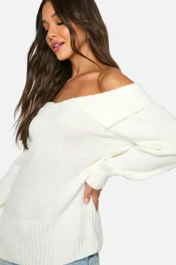 Oversized Jumpers|Jumpers*boohoo Oversized Bardot Knitted Collar Jumper ivory
