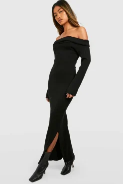 Jumper Dresses|Jumper Dresses*boohoo Oversized Bardot Neckline Knitted Maxi Dress black