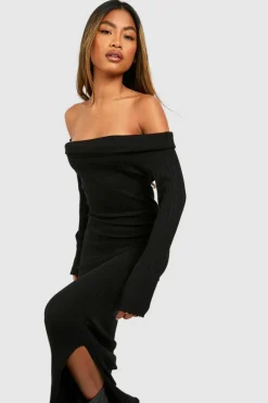 Jumper Dresses|Jumper Dresses*boohoo Oversized Bardot Neckline Knitted Maxi Dress black