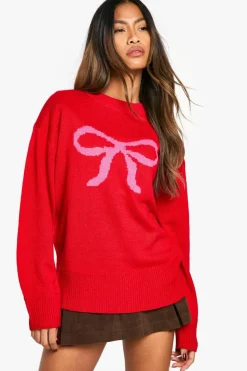 Oversized Jumpers*boohoo Oversized Christmas Bow Jumper red