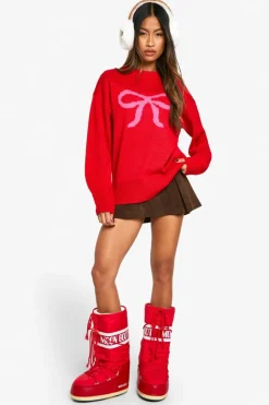 Oversized Jumpers*boohoo Oversized Christmas Bow Jumper red